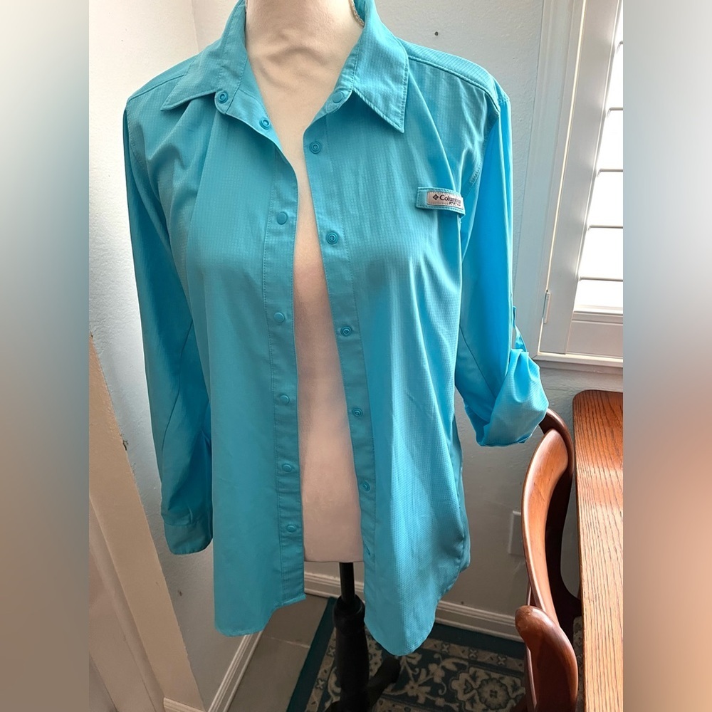 Columbia Teal Snap Front Blouse Windbreaker Sz L Women’s
